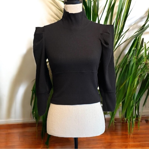 FREE PEOPLE Black Ribbed Puff Shoulder Mock Neck Sweater - Size Small - Picture 2 of 16